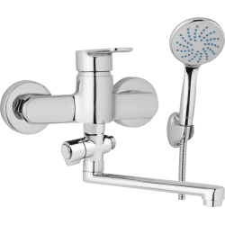 Nástenná umývadlová a sprchová batéria MIRAM, rozteč 150 mm, otočný prepínač, s príslušenstvom, ramienko 300 mm